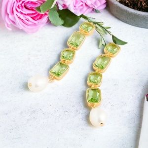 Crystal and Pearl Drop Earrings- Light Pistachio (Green)